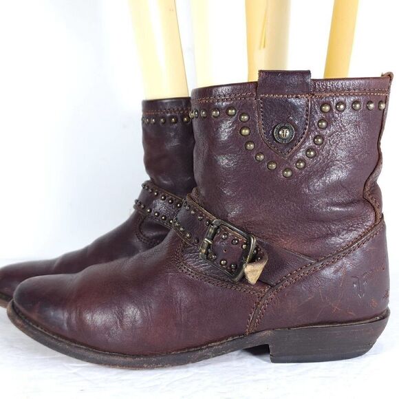 Frye Women's US 8B Brown Leather Studded Strap ankle Western Boots Booties - Picture 2 of 14